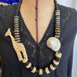 Carved Wood Safari Statement Necklace African Giraffe Large Shell Disc Bead 30in